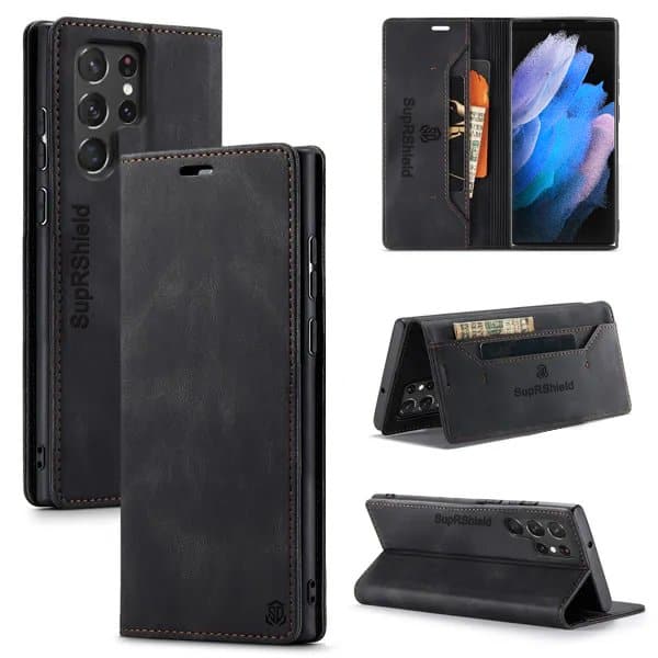 SupRShield For Samsung Galaxy S23 Ultra Case RFID Blocking Retro Flip Premium Leather Card Holder Wallet Cover – Black