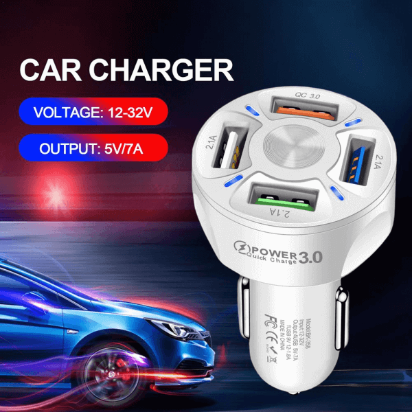 Universal 35W 7A QC3.0 4USB Ports Fast Charging Car Charger With LED Light 12-24V Cigarette Lighter Adapter