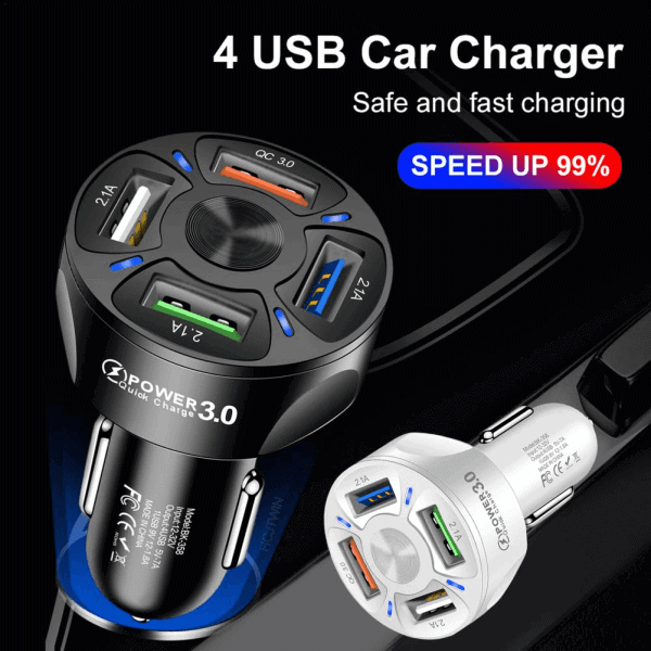 Universal 35W 7A QC3.0 4USB Ports Fast Charging Car Charger With LED Light 12-24V Cigarette Lighter Adapter