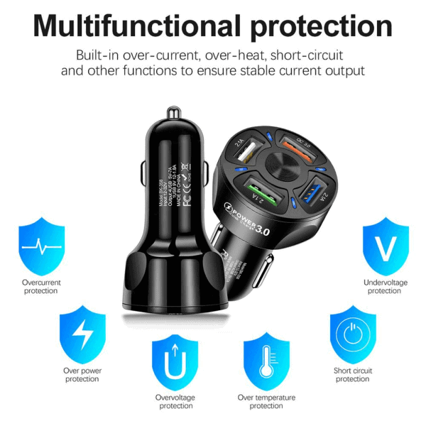 Universal 35W 7A QC3.0 4USB Ports Fast Charging Car Charger With LED Light 12-24V Cigarette Lighter Adapter