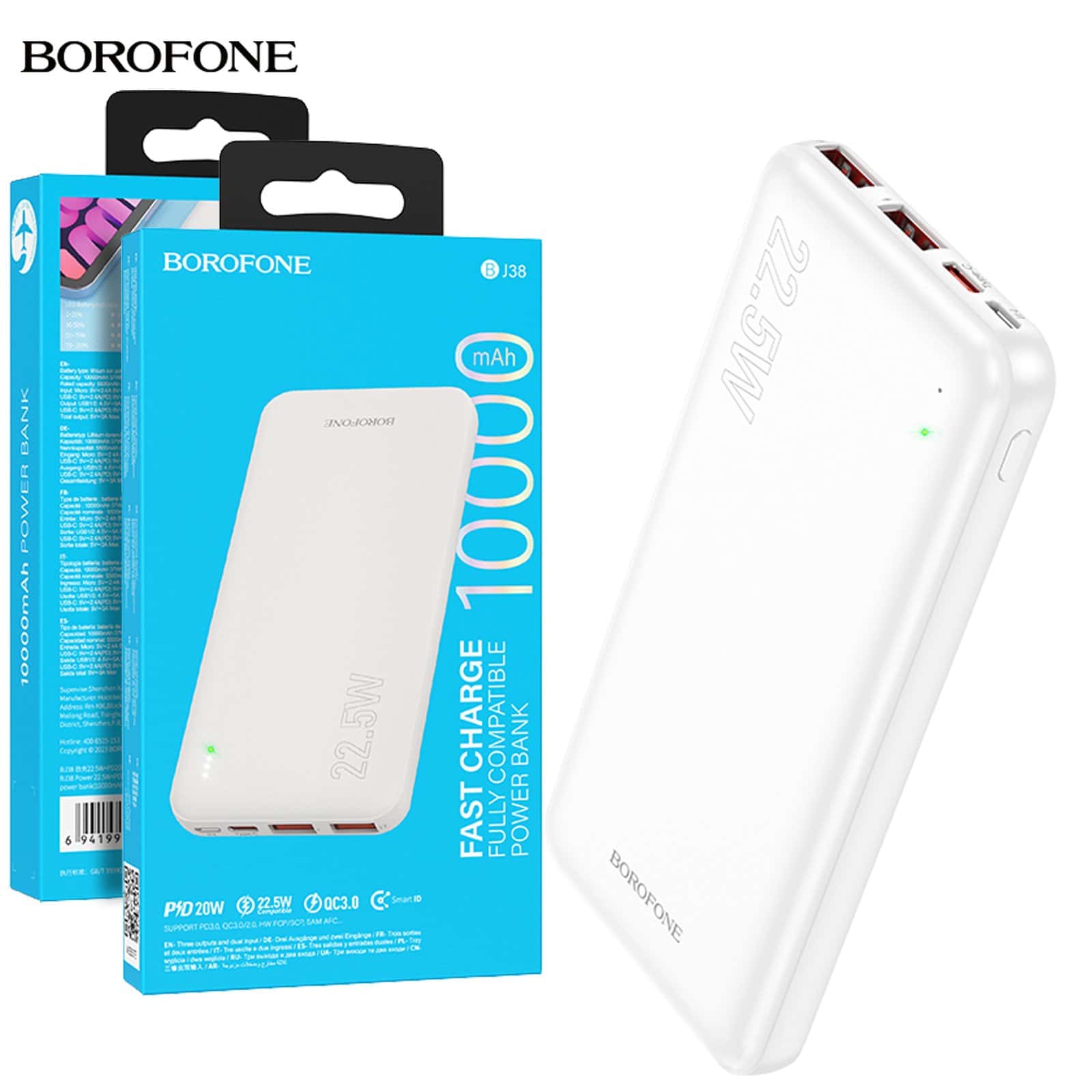 BOROFONE (BJ38) 10000mAh PD20W Fast Charging 4 Ports (2 USB + 1 Type +1 Micro USB) Portable Power Bank