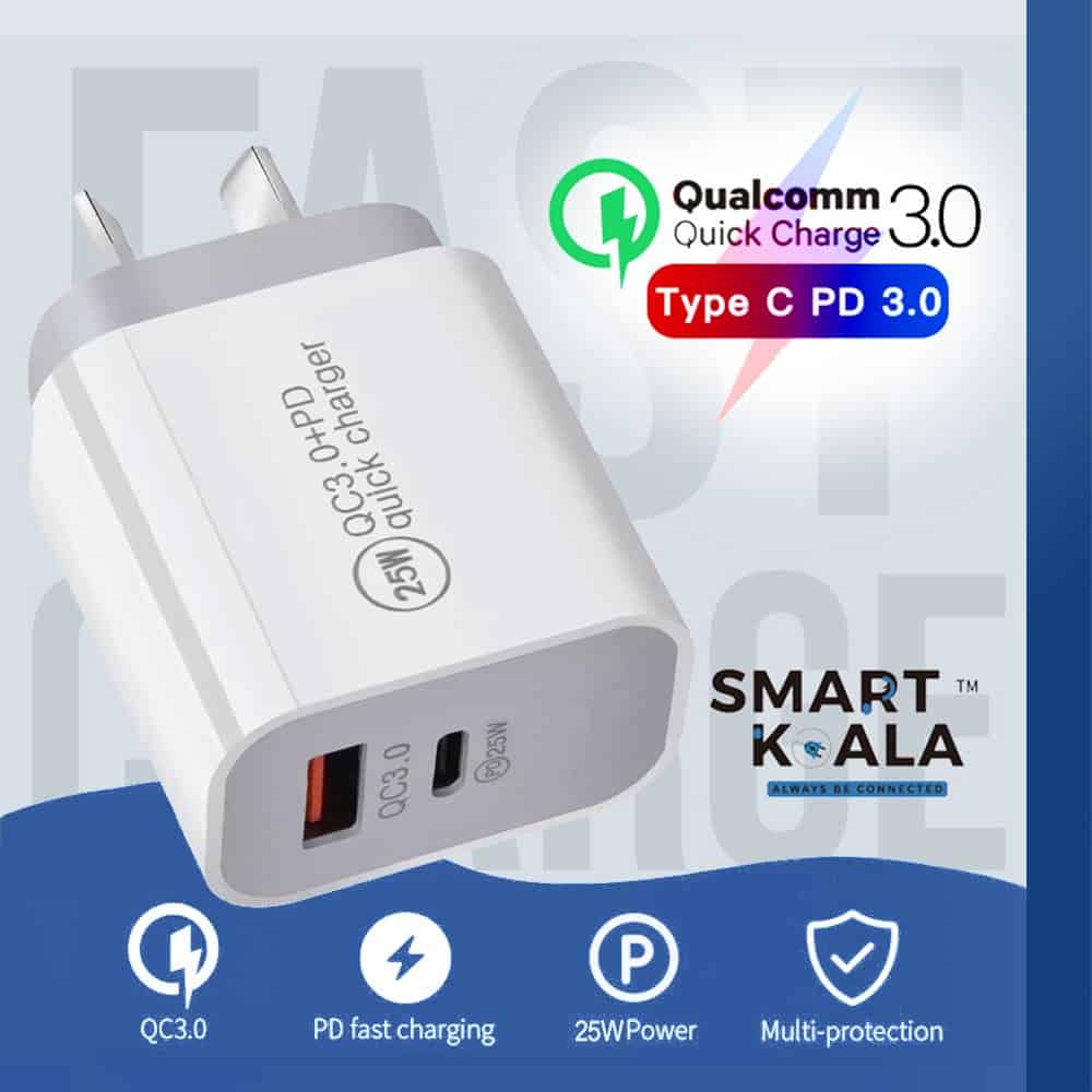 Smart Koala 25W PD Type C + USB A QC3.0 Dual Charger SAA Certified Fast Charging Charger Wall Plug Power Adapter