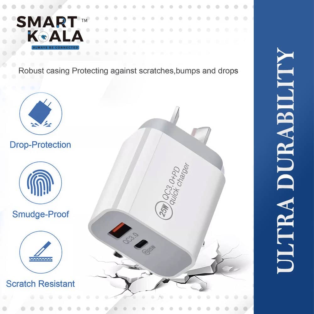 Smart Koala 25W PD Type C + USB A QC3.0 Dual Charger SAA Certified Fast Charging Charger Wall Plug Power Adapter
