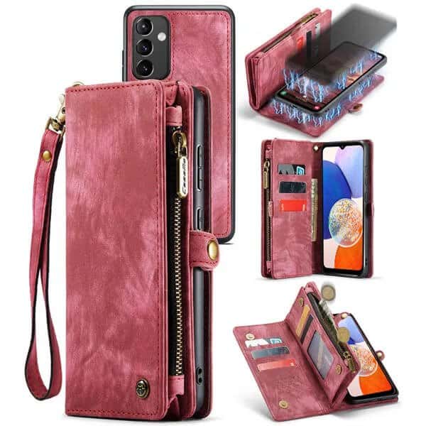 CaseMe For Samsung Galaxy A14 5G Magnetic Detachable Leather Zipper Wallet Case with Wrist Strap (Red)