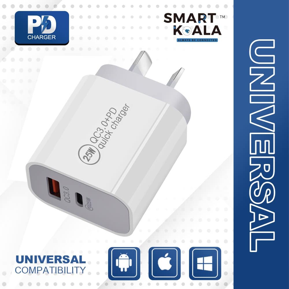 Smart Koala 25W PD Type C + USB A QC3.0 Dual Charger SAA Certified Fast Charging Charger Wall Plug Power Adapter