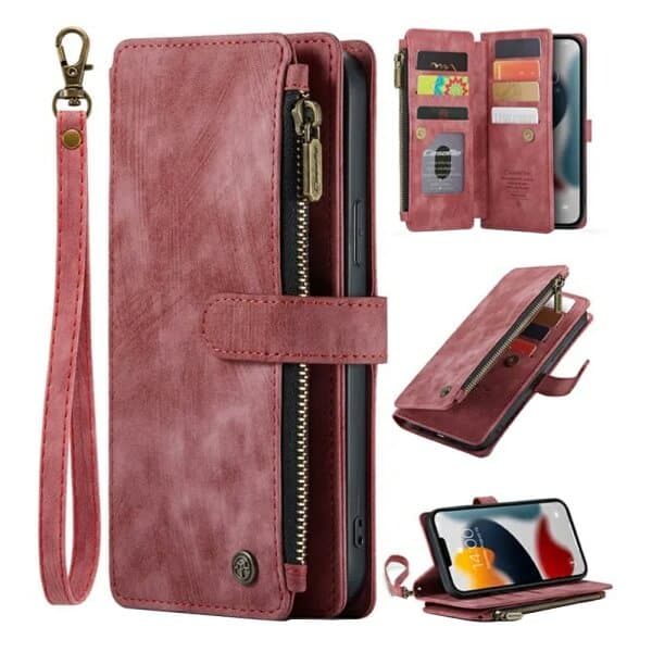 CaseMe For Apple iPhone 11 Zipper & Detachable Retro Leather Pouch With Chain Wallet Flip Purse Bag Detachable Phone Case Cover (Red)