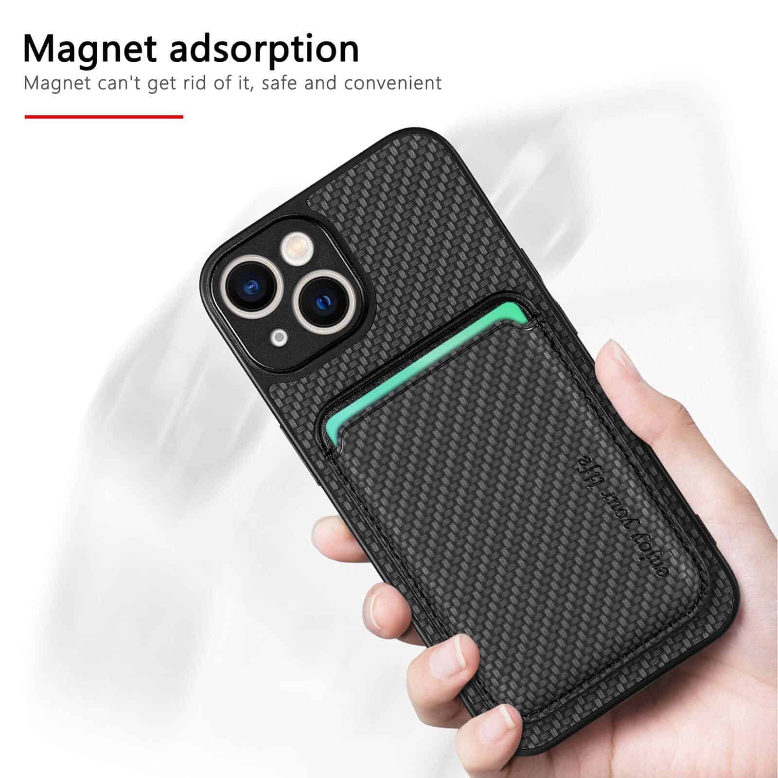For iPhone 15/15 Pro Max /15 Plus MagSafe Card Holder, Carbon Fiber, Detachable Magnetic Wallet Slot Case Cover