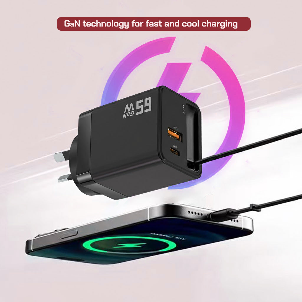 65W GaN Fast Charging Charger with AU Wall Plug Power Adapter - Compact Design Including a 70cm Built-in Retractable Type-C Cable Plus Dual Output Ports (USB-C & QC3.0 USB-A)