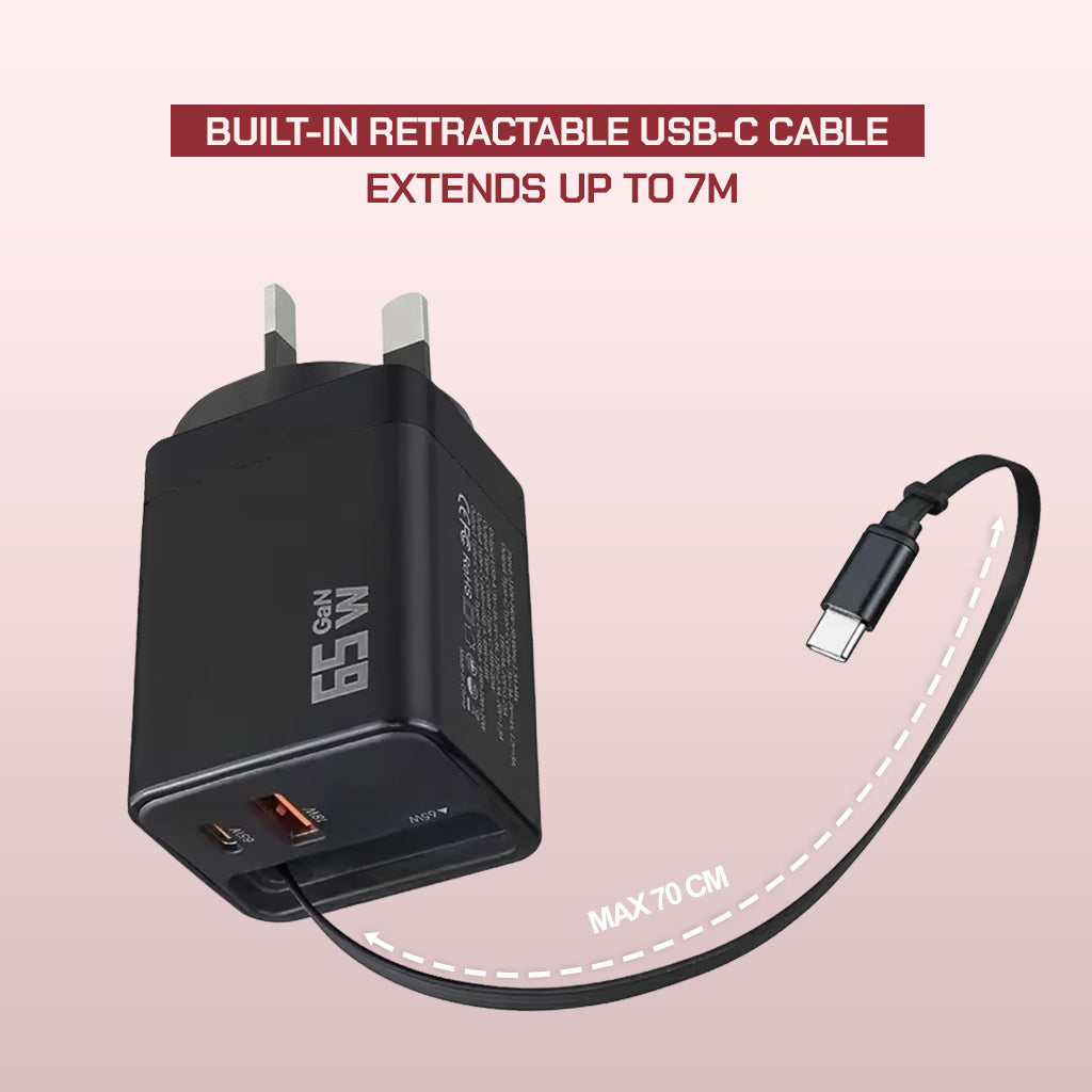 65W GaN Fast Charging Charger with AU Wall Plug Power Adapter - Compact Design Including a 70cm Built-in Retractable Type-C Cable Plus Dual Output Ports (USB-C & QC3.0 USB-A)