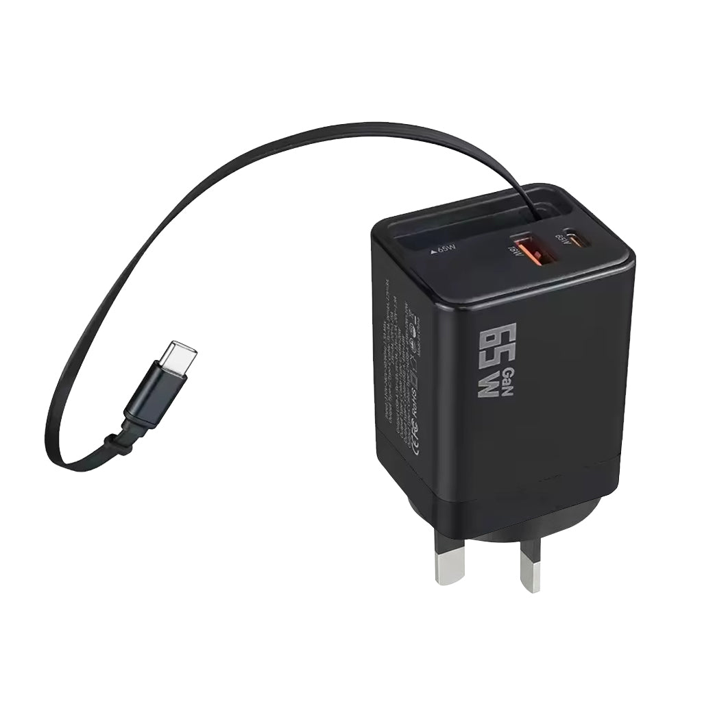 65W GaN Fast Charging Charger with AU Wall Plug Power Adapter - Compact Design Including a 70cm Built-in Retractable Type-C Cable Plus Dual Output Ports (USB-C & QC3.0 USB-A)