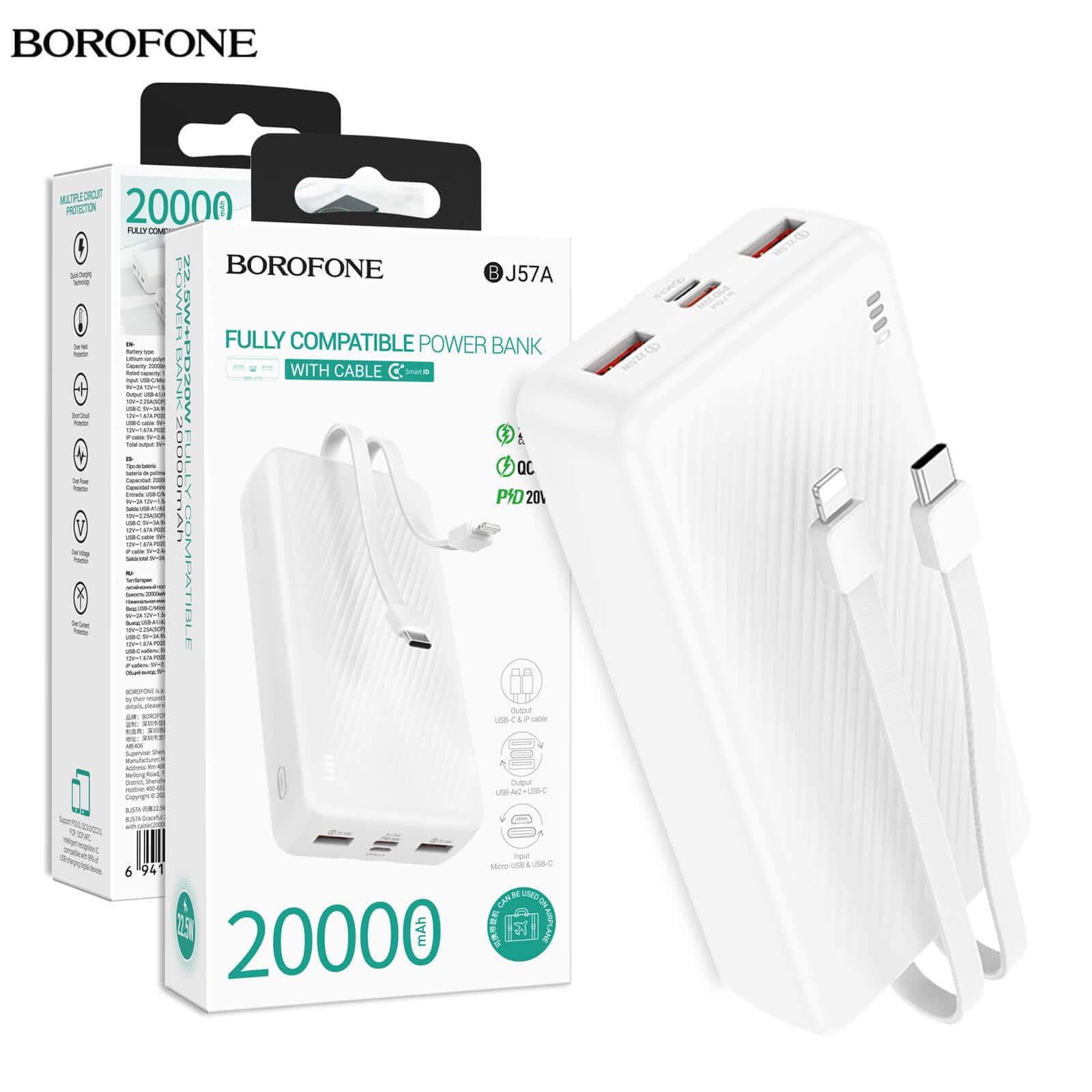 Borofone BJ57A Graceful 20000mAh 22.5W+ PD20W Power Bank with Type C & Lightning Cable Cord (White)