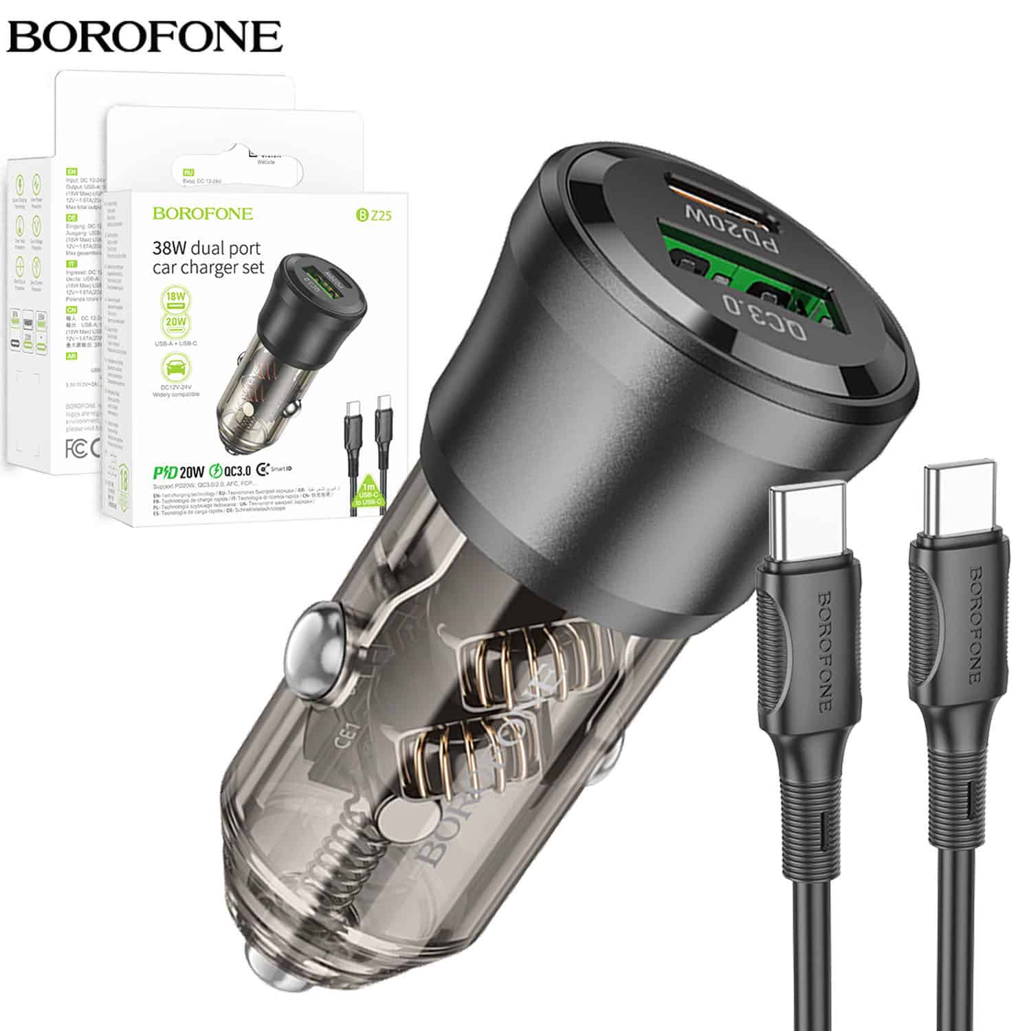 BOROFONE BZ25 Journey PD38W (1C1A) Fast Charging Quick Car Charger With PD Type C to Type C Cable Cord (Transparent Black)