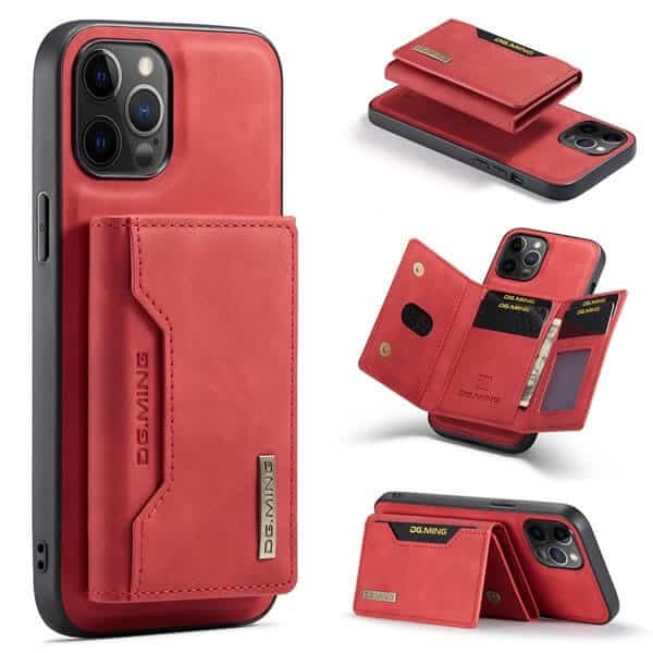 DG.MING Red iPhone 12 Pro Max Magnetic Trifold Wallet Case