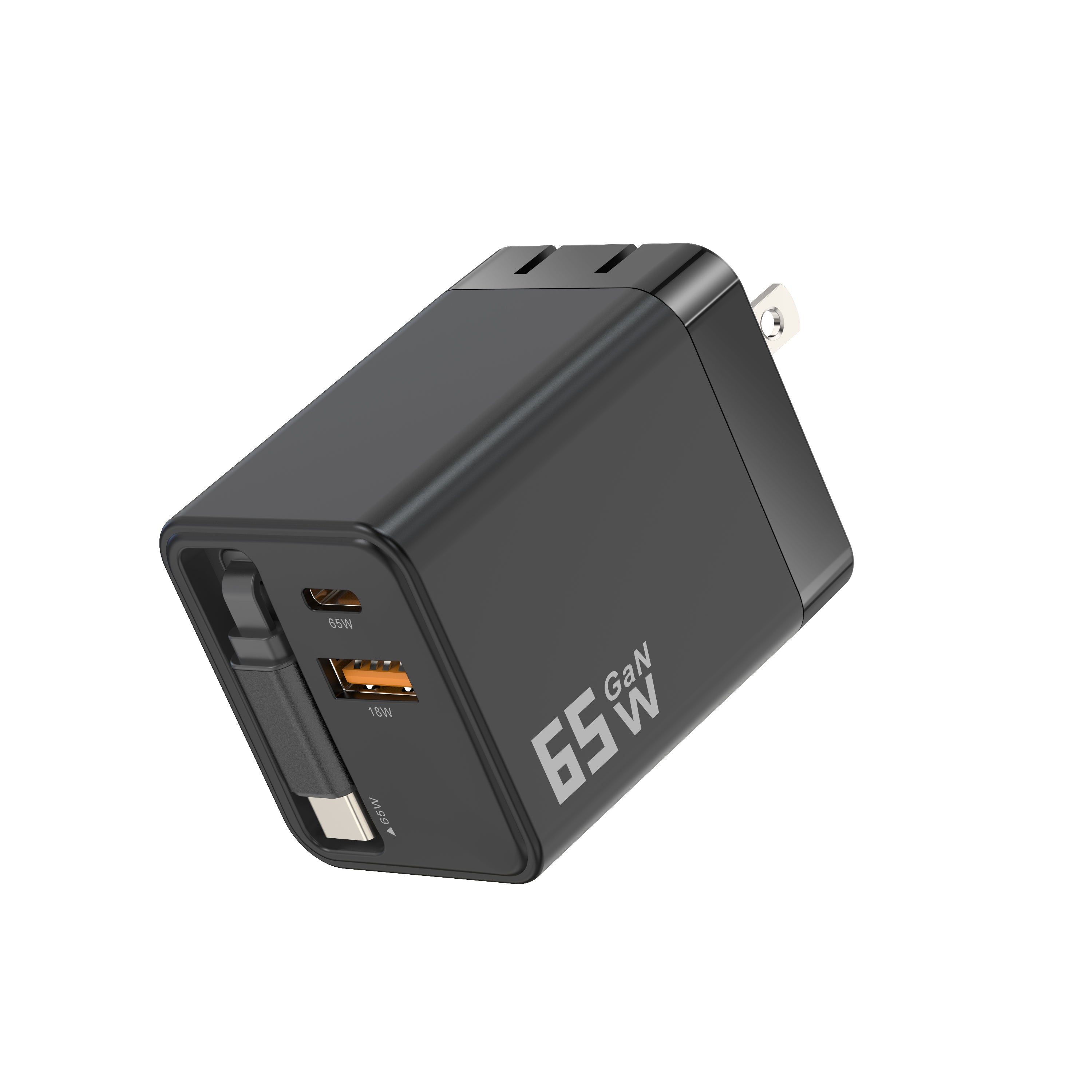 65W GaN Fast Charging Charger with AU Wall Plug Power Adapter - Compact Design Including a 70cm Built-in Retractable Type-C Cable Plus Dual Output Ports (USB-C & QC3.0 USB-A)