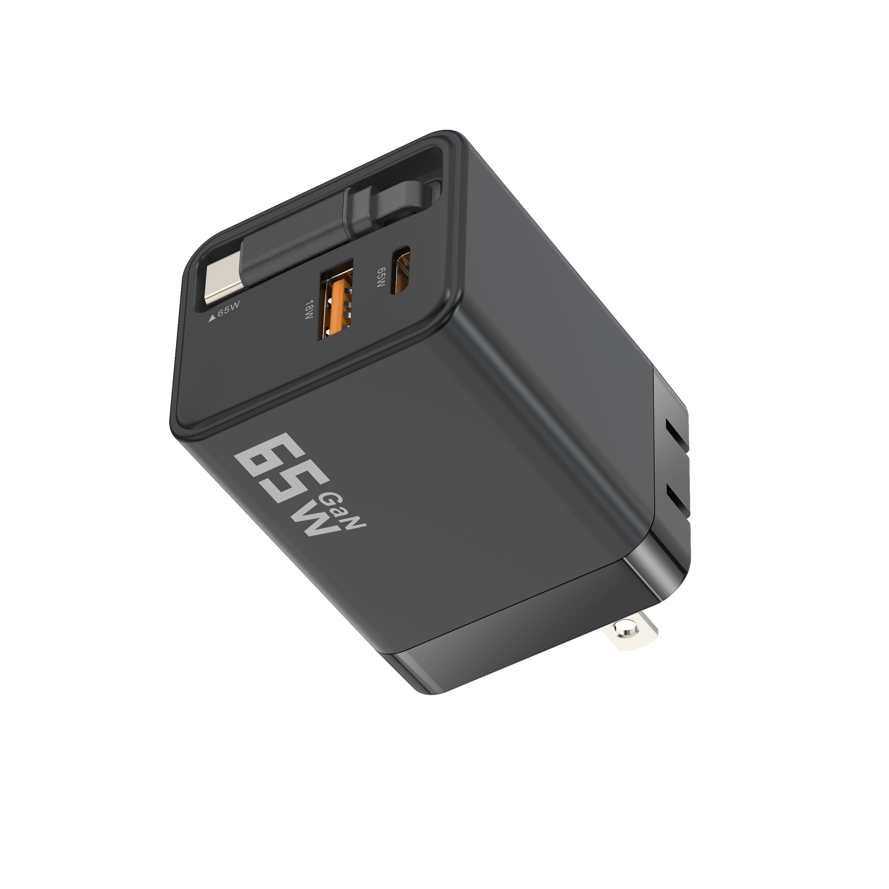 65W GaN Fast Charging Charger with AU Wall Plug Power Adapter - Compact Design Including a 70cm Built-in Retractable Type-C Cable Plus Dual Output Ports (USB-C & QC3.0 USB-A)