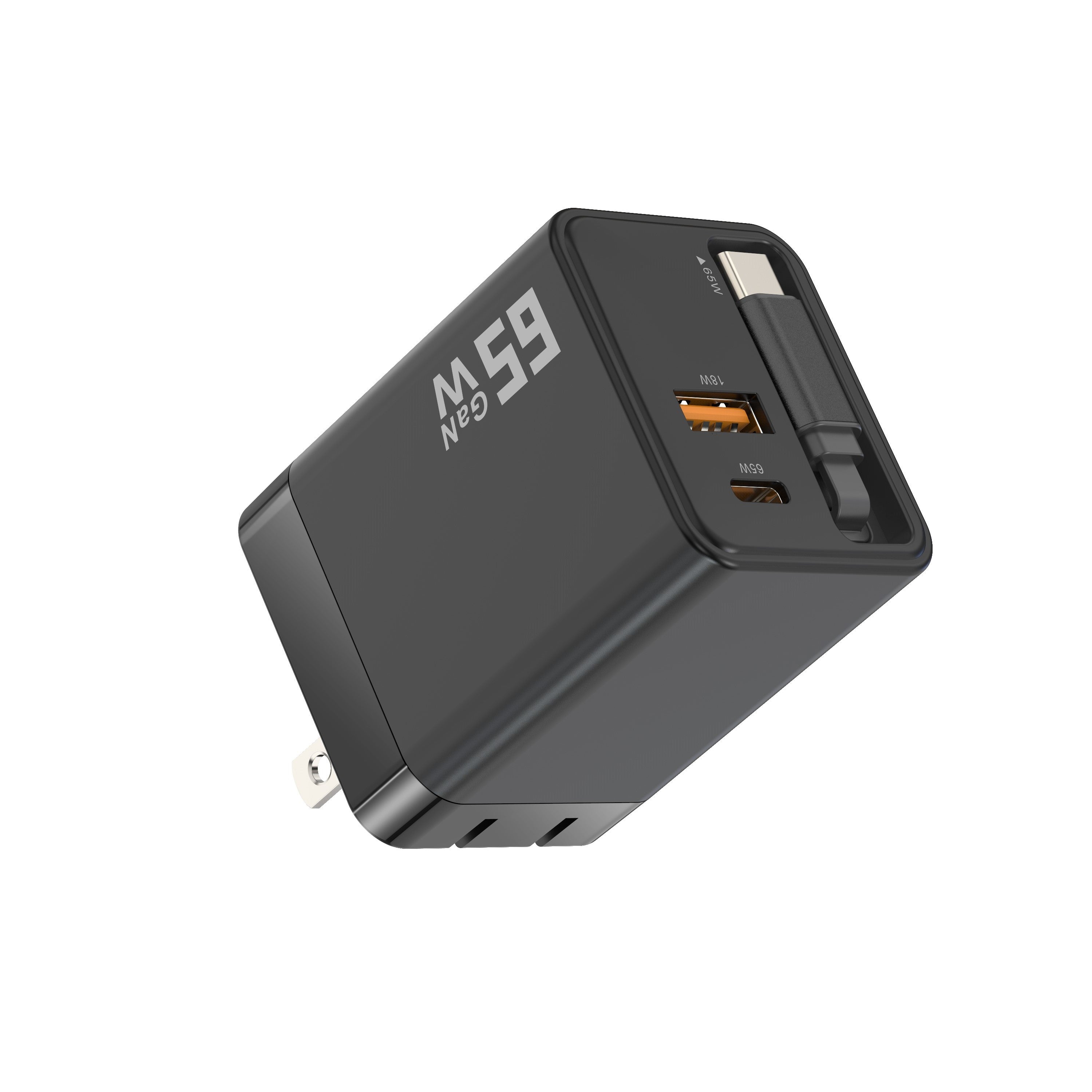 65W GaN Fast Charging Charger with AU Wall Plug Power Adapter - Compact Design Including a 70cm Built-in Retractable Type-C Cable Plus Dual Output Ports (USB-C & QC3.0 USB-A)