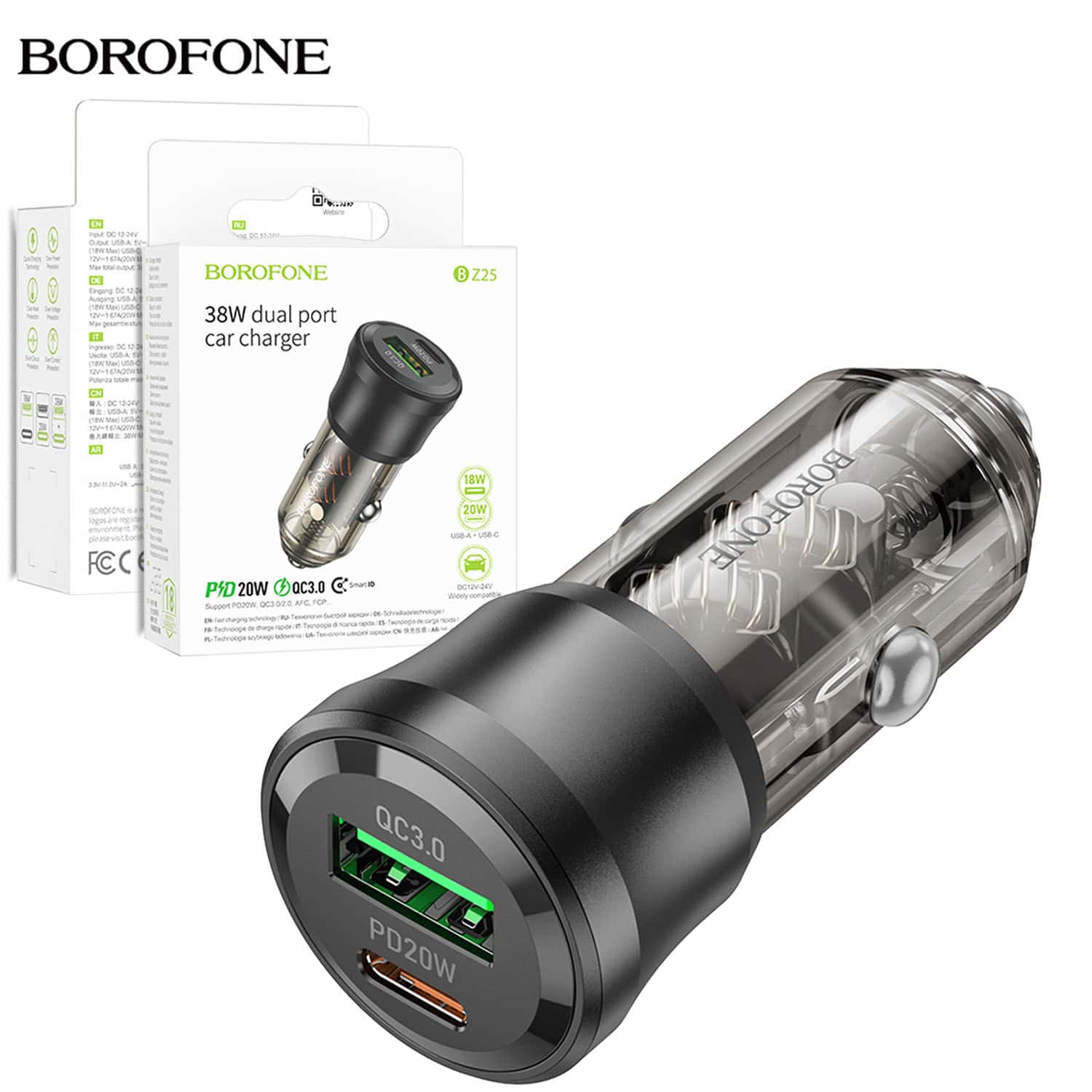 Borofone BZ25 38W PD20W PD USB Type C + QC3.0 USB A Fast Charging Quick Charger Car Charger Socket Adapter