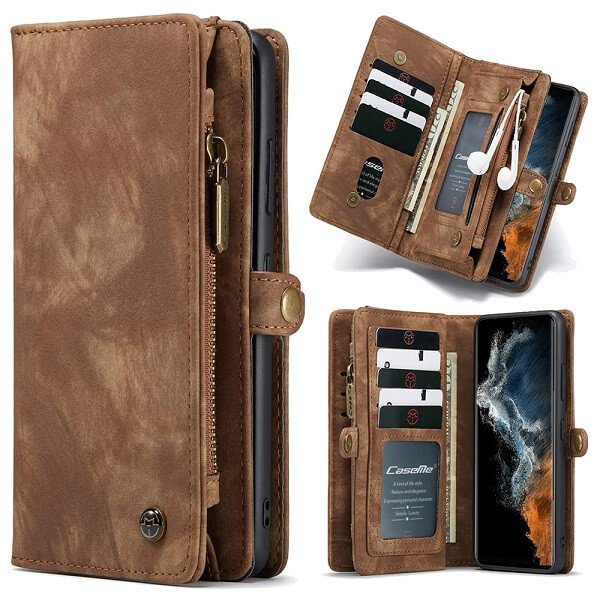 CaseMe For Samsung Galaxy S Series Zipper & Detachable Retro Leather Pouch Wallet Flip Purse Bag Detachable Phone Case Cover