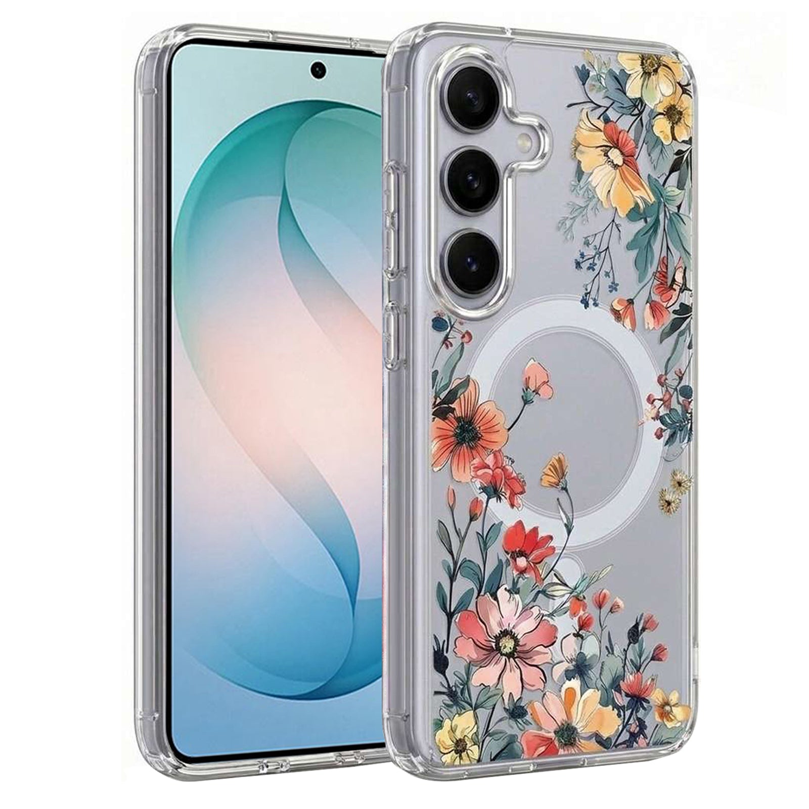 Cute Floral Flower Pattern Hard Clear MagSafe Magnetic Protective Back Case Cover For Samsung Galaxy S26/S25/S24 Ultra