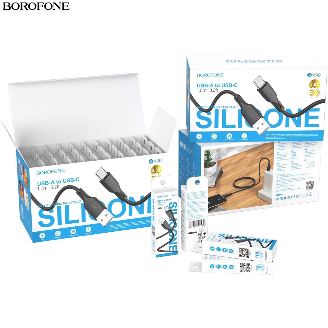 (30 pcs/Box) Borofone BX99 1M USB A to Type C Data Sync Cable Cord For Shop Counter (Black)