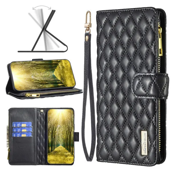Binfin For Samsung Galaxy A Series Diamond Quilted Leather Zipper Wallet Flip Case with 9 Card Slots and Lanyard Cover – Green