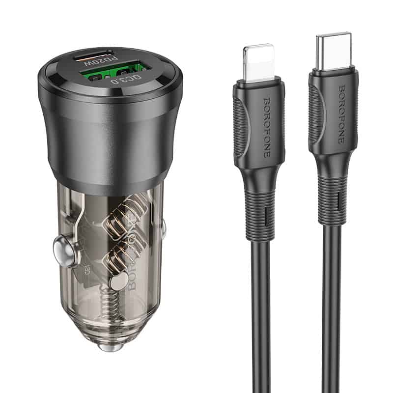 BOROFONE BZ25 Journey PD38W (1C1A) Fast Charging Quick Car Charger With PD Type C to Lightning Cable (Transparent Black)