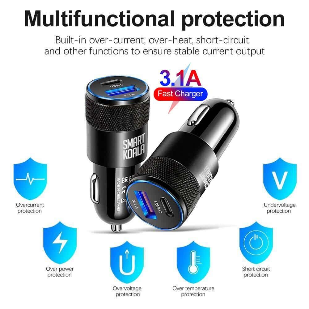 Smart Koala 38W 2 Ports PD Type C +3.1A USB Fast Charging Car Charger Socket Adapter with 1M Lightning Cable Cord for Apple iPhone/iPad/iPod