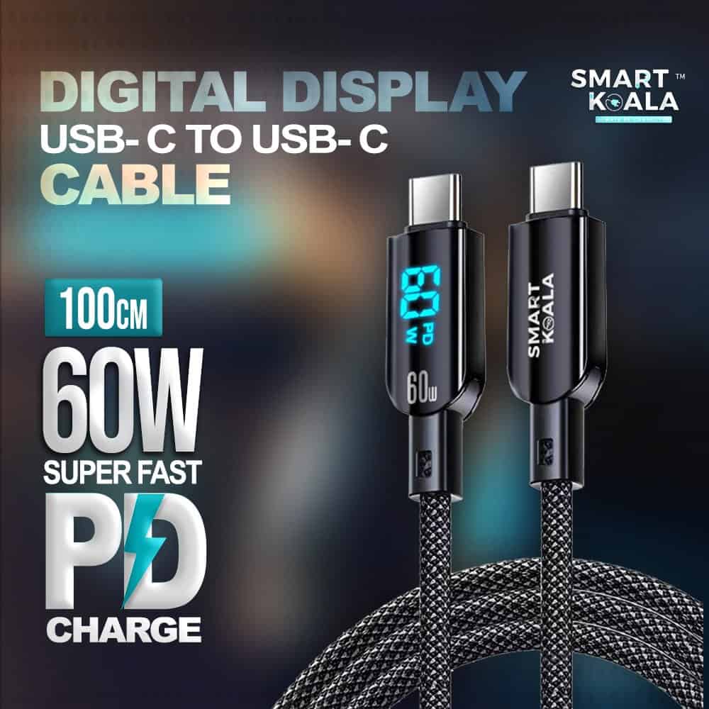 Smart Koala SK-C05 60W PD USB Type C to Type C Fast Charging Charger Braided With Digital Display Data Sync Cable Cord for iPhone iPad Samsung Galaxy Google Nokia Oppo