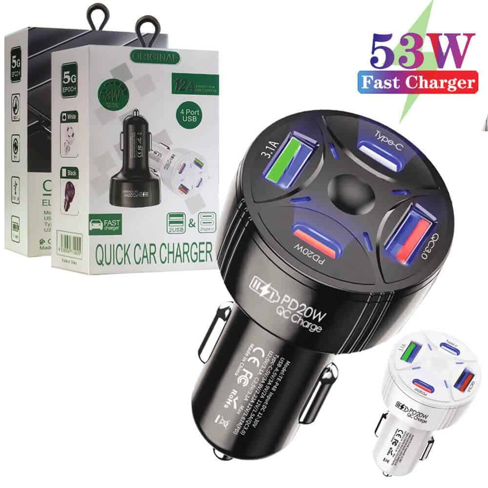 53W 12A PD + USB QC3.0 Multi 4 Ports Fast Charging Car Charger Cigarette Lighter Adapter