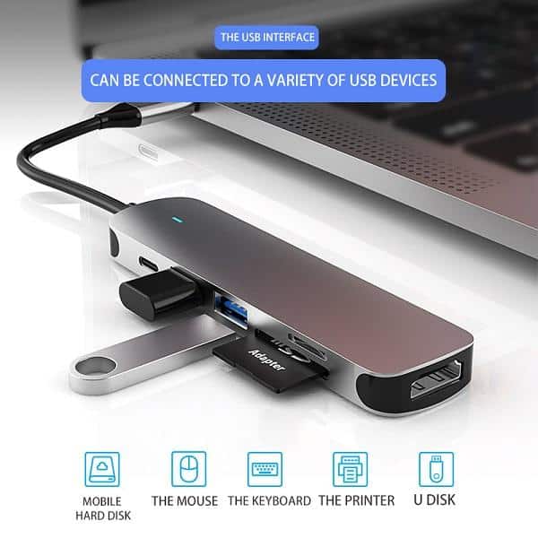 6in1 60W USB Type C Hub With 4K HDMI, 2 USB Ports SD/TF Card Reader USB C Adapter Dock for MacBook Air/Pro/Chromebook/Type C Laptops