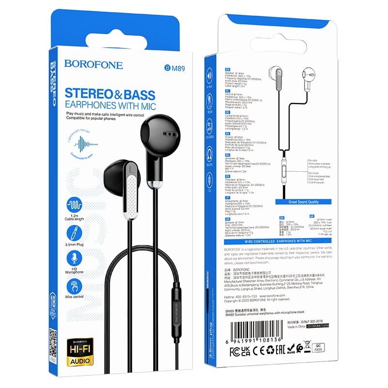 Borofone BM89 In-Ear Wired Earphones Earbuds Headphones, 3.5mm Jack, with Microphone and Volume Control for iPhone, Samsung, iPad,MP3,Most 3.5mm Audio Devices