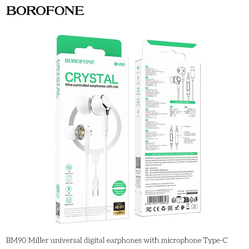 BOROFONE BM90 USB Type C Wire Controlled Digital Earphones Headphone With Microphone Supports Calls Audio Plug Wired Headset (White)