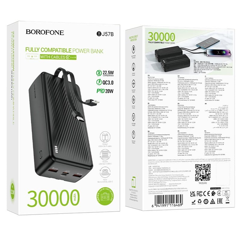 Borofone BJ57B 30000mAh 22.5W+PD20W Fast Charging Charger Portable High Capacity Power Bank With Type C & Lightning Cable (Black)