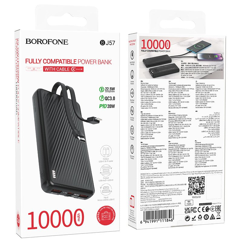 Borofone BJ57 10000mAh 22.5W+PD20W Fast Charging Charger Power bank With Type C & Lightning Cable (Black)