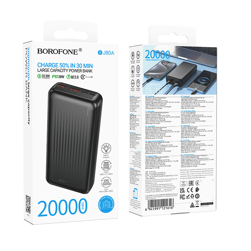 Borofone BJ80A 20000mAh 22.5W+PD20W 4 Ports USB A/USB C Portable Power Bank With LED Indicator