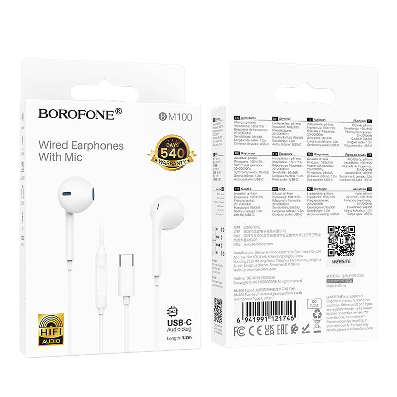 BOROFONE BM100 USB Type C Wire Controlled Digital Earphones Headphone With Microphone Supports Calls Audio Plug Wired Headset  (White)