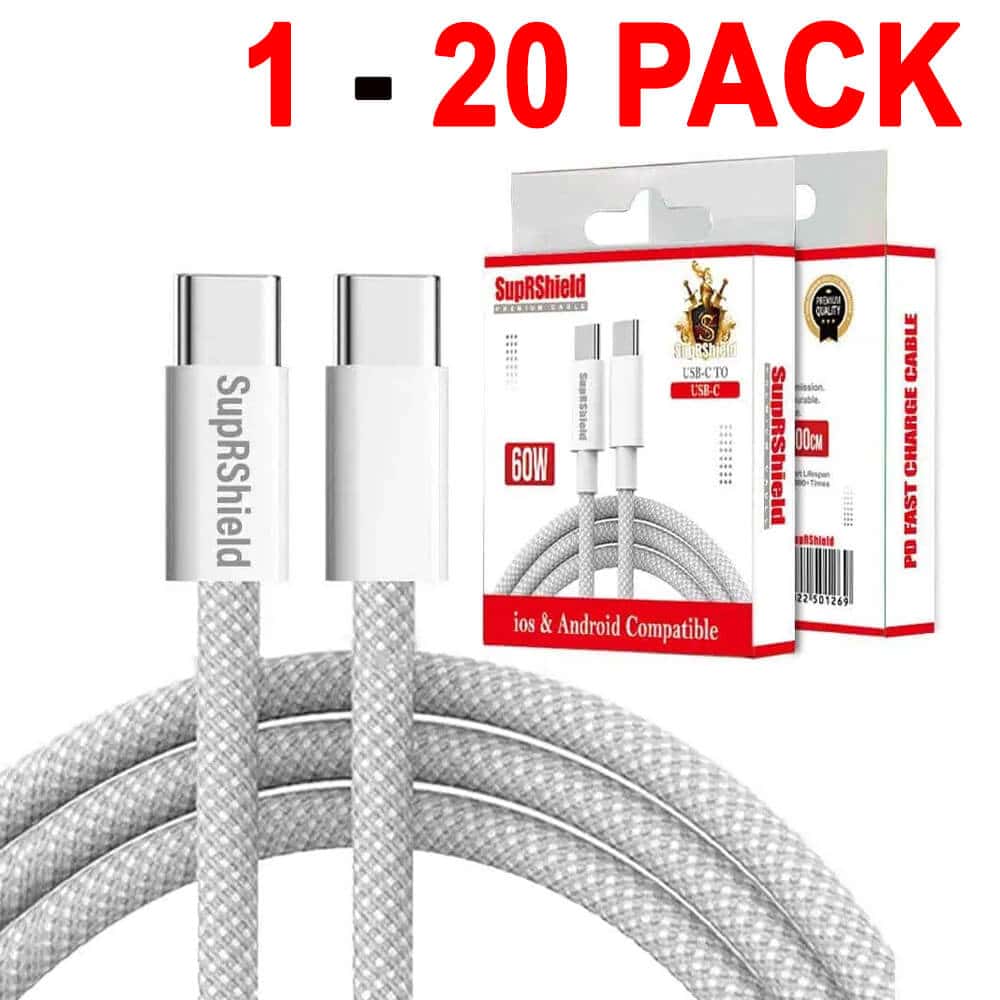1X 10X 20X SupRShield 60W 1M PD USB Type C to C Fast Charging Charger Cable Braided Cord For iPhone 15 Pro Max/Samsung/MacBook Pro/iPad Pro/Google/Moto/Nokia/Oppo