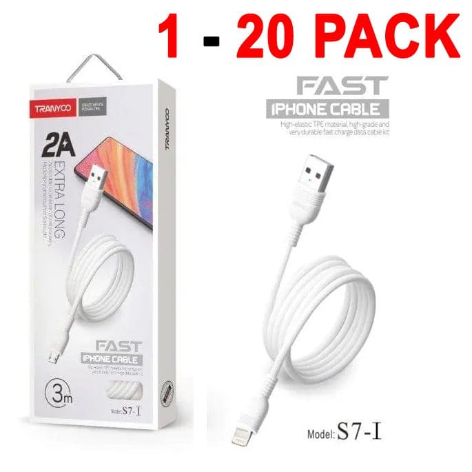 1X 10X 20X TRANYOO (S7-I) 3M 2A Lightning Fast Charging High Quality Data Sync Cable Cord For Apple iPhone iPad iPod