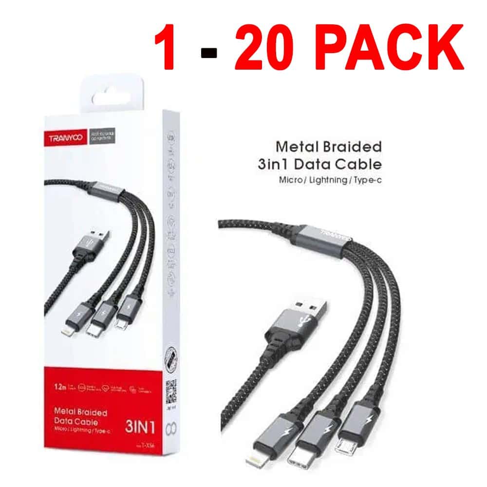 1X 10X 20X TRANYOO (T-XS6) 1.2M 3 in 1 Fast Charging Braided Multi Charger Cable