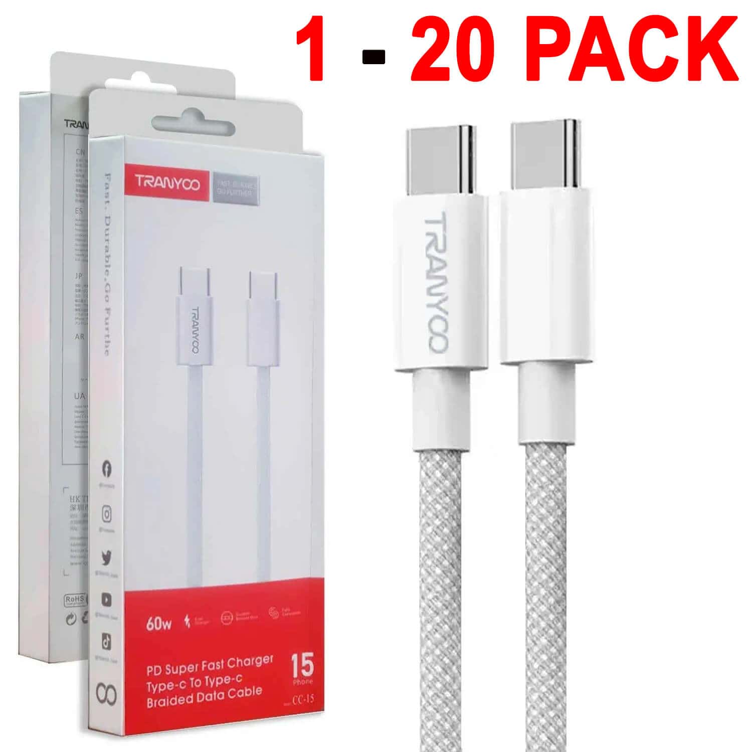 1X 10X 20X Tranyoo PD 60W Super Fast Charger USB C to Type C Braided Cable Cord For iPhone 15 Pro Max 15 Pro 15 Plus Samsung Google Nokia Android
