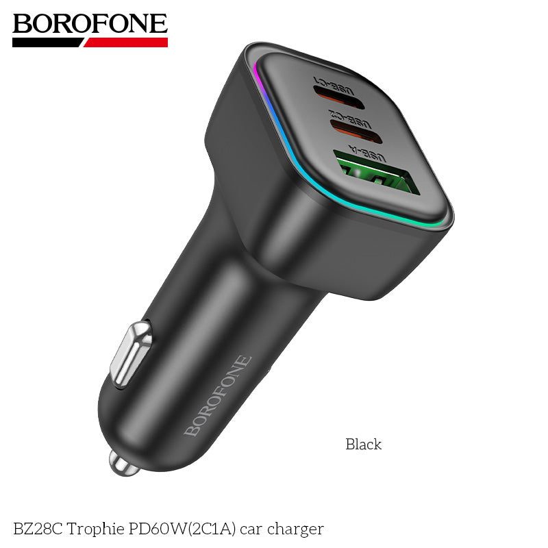 Borofone BZ28C 60W High Power Fast Charging Car Charger USB-A + Dual USB-C Quick Charging PD QC3.0 RGB Light