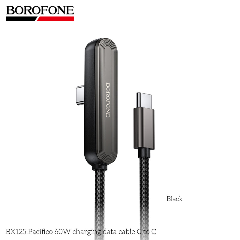 Borofone BX125 Pacifico 1M/3ft 60W Elbow PD USB-C to USB-C Braided Cable Fast Charger with Invisible Foldable Phone Stand