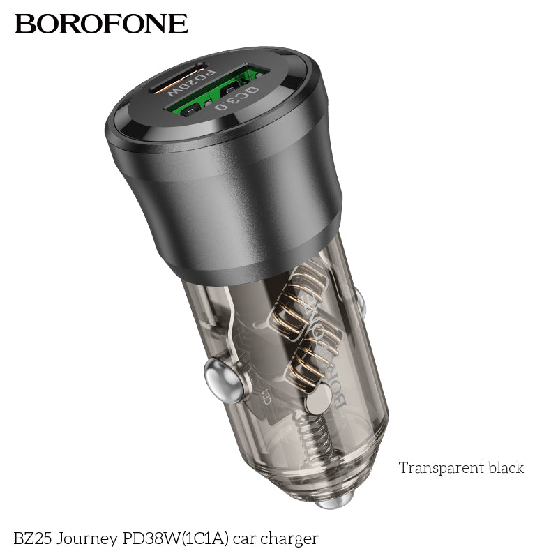 Borofone BZ25 38W PD20W PD USB Type C + QC3.0 USB A Fast Charging Quick Charger Car Charger Socket Adapter ( Transparent Black)