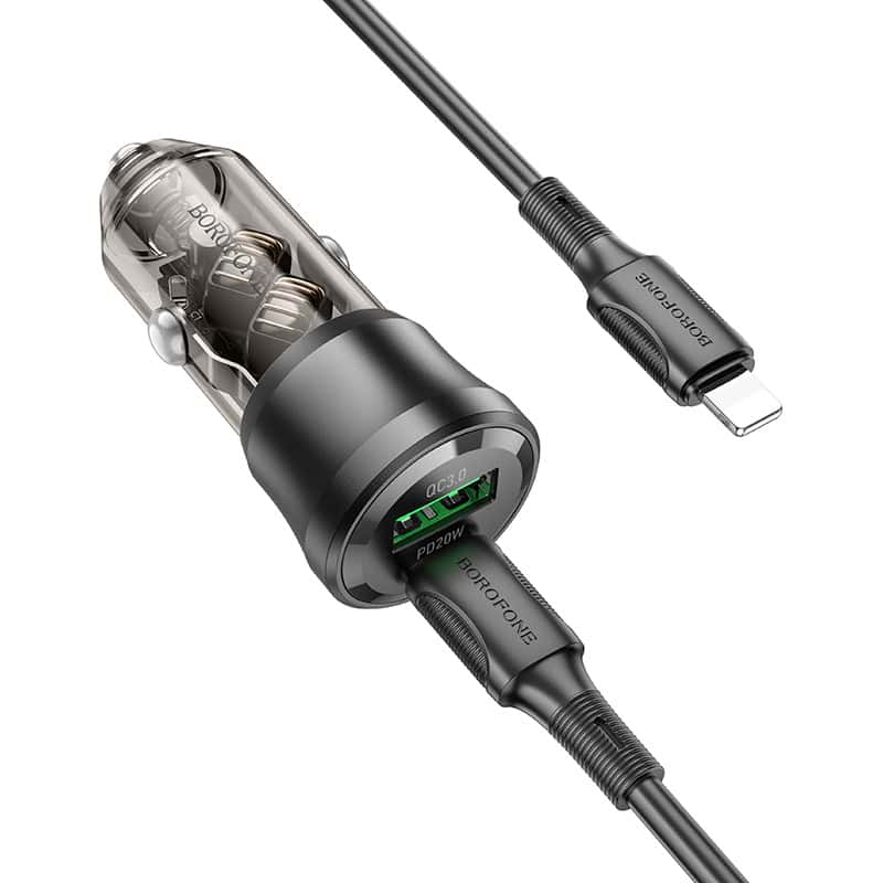 BOROFONE BZ25 Journey PD38W (1C1A) Fast Charging Quick Car Charger With PD Type C to Lightning Cable (Transparent Black)