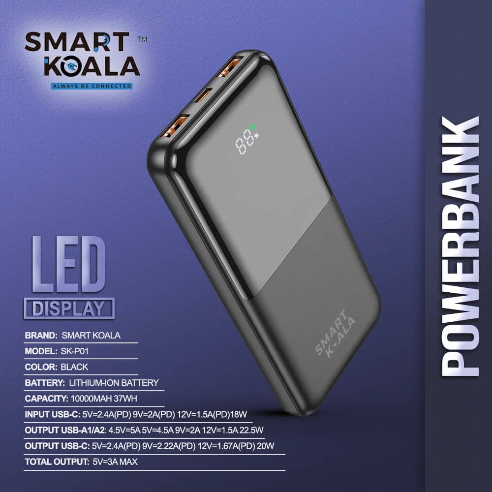 Smart Koala 10000mAh 22.5W+PD20W Fast Charging Charger Portable Power Bank With Digital Display (Black)
