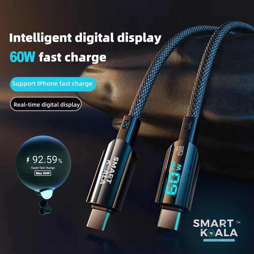 Smart Koala SK-C05 60W PD USB Type C to Type C Fast Charging Charger Braided With Digital Display Data Sync Cable Cord for iPhone iPad Samsung Galaxy Google Nokia Oppo