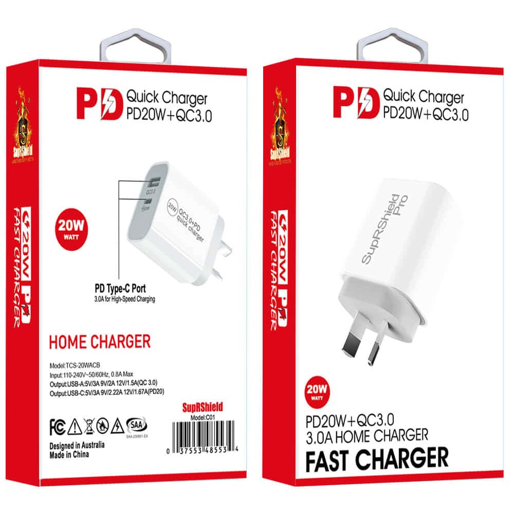 20W SupRShield Dual PD +USB Type C SAA Certified Fast Charging Wall Plug Charger Adapter For Apple iPhone Samsung Galaxy Google Nokia Oppo Huawei iPad