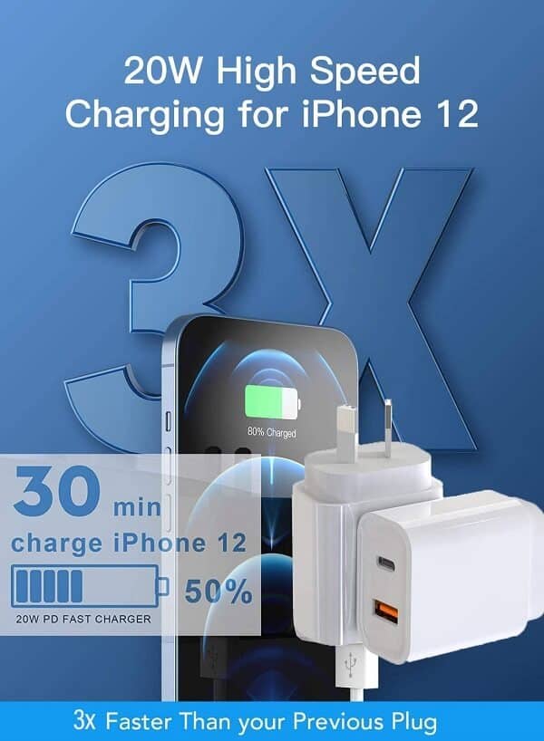 20W QC3.0 PD+USB Fast Charging Charger Wall Plug Adapter+PD Type C to Type C Cable