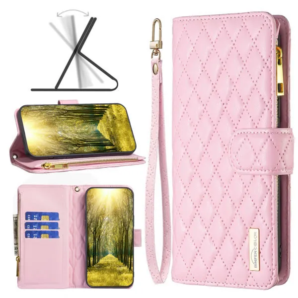 Binfin For Samsung Galaxy A Series Diamond Quilted Leather Zipper Wallet Flip Case with 9 Card Slots and Lanyard Cover – Green