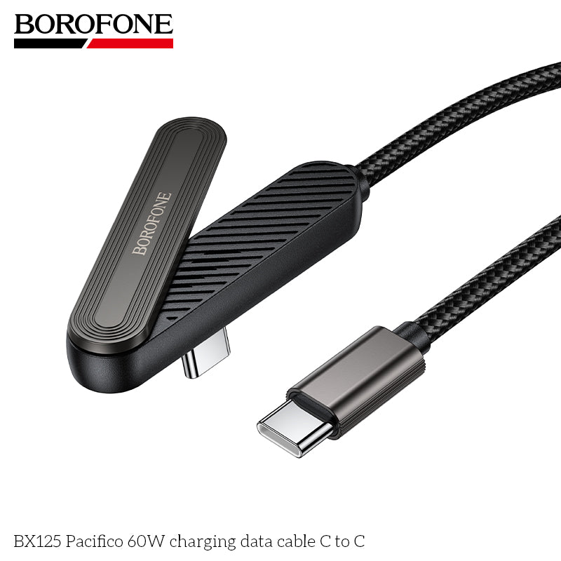 Borofone BX125 Pacifico 1M/3ft 60W Elbow PD USB-C to USB-C Braided Cable Fast Charger with Invisible Foldable Phone Stand